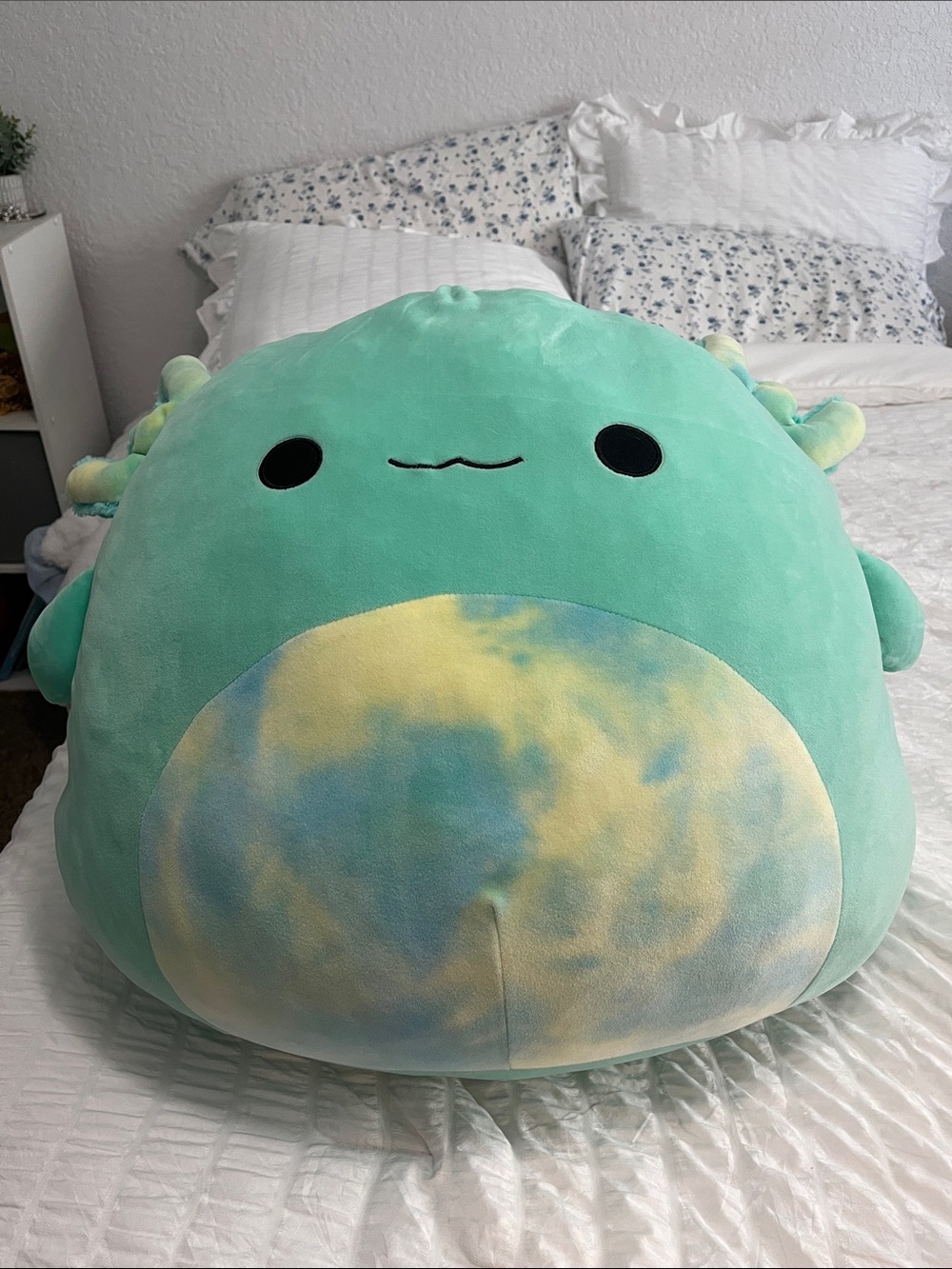 Squishmallows Mint Green Axolotl Pillow with Yellow-Blue Tie-Dye Belly